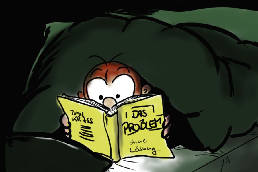 Cartoon-Figur Oli liest unter der Bettdecke ein Buch mit dem Titel "Das Problem ohne Lösung - total krass!"