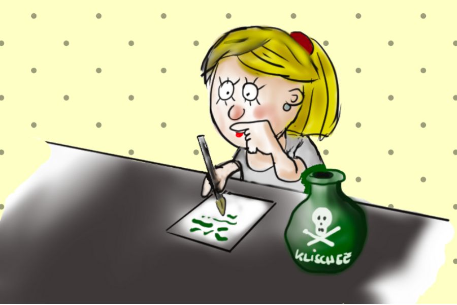 Cartoon-Figur Olivia beim Schreiben. Neben ihr ein Tintenfass mit Totenkopf und der Aufschrift "Klischee"