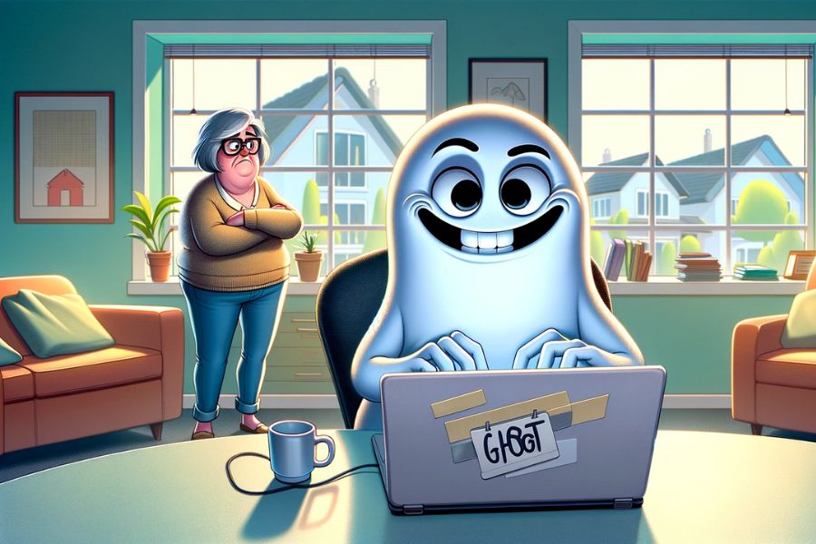Ein Gespenst sitzt am Laptop und schreibt KI Texte mit Chat GPT. Im Hintergrund steht die Autorin, die diesem Ghostwirter freie Bahn gelassen hat und jetzt zusehen muss, wie er ihren Text verhunzt.