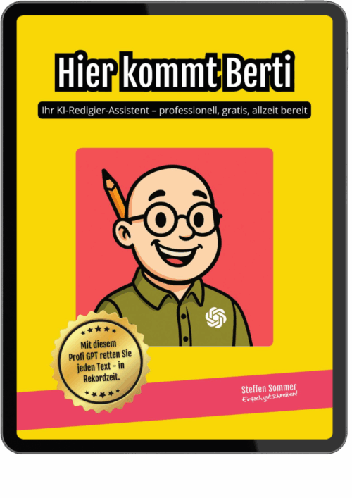 Cover des Gratis-E-Books ‚Hier kommt Berti‘ – kostenloser KI-Schreibassistent als Custom GPT