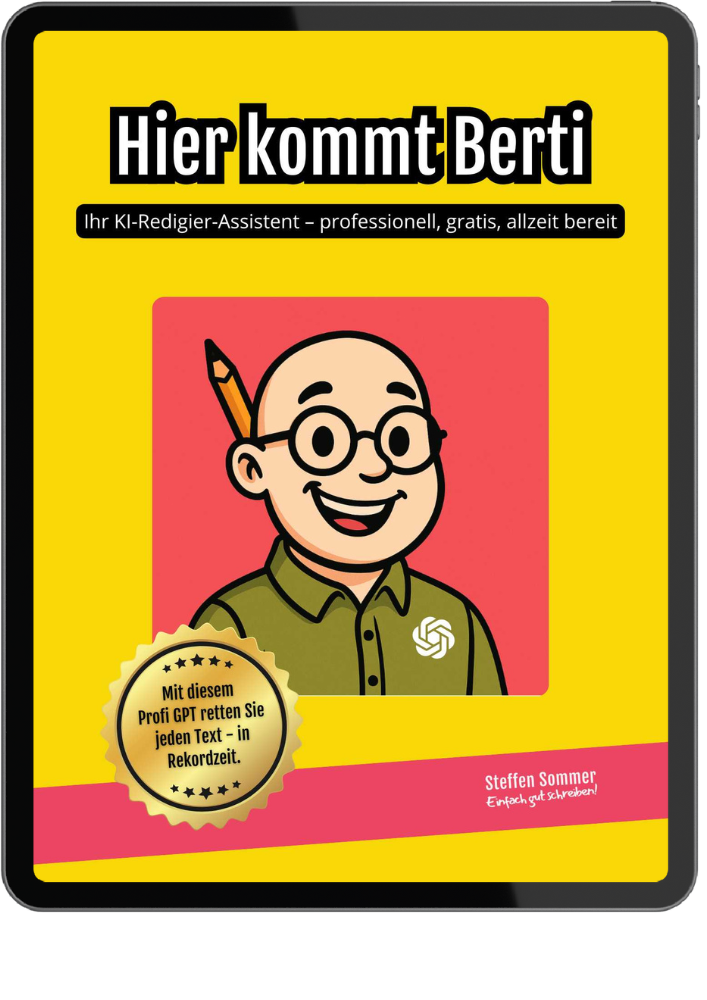 Hier kommt Berti – Gratis KI-Schreibassistent Cover des Gratis-E-Books ‚Hier kommt Berti‘ – kostenloser KI-Schreibassistent als Custom GPT