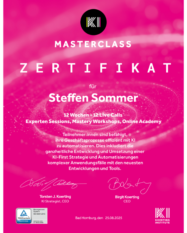 Teilnahme-Zertifikat für Steffen Sommer: 12 Wochen KI Masterclass am Koerting Institute
